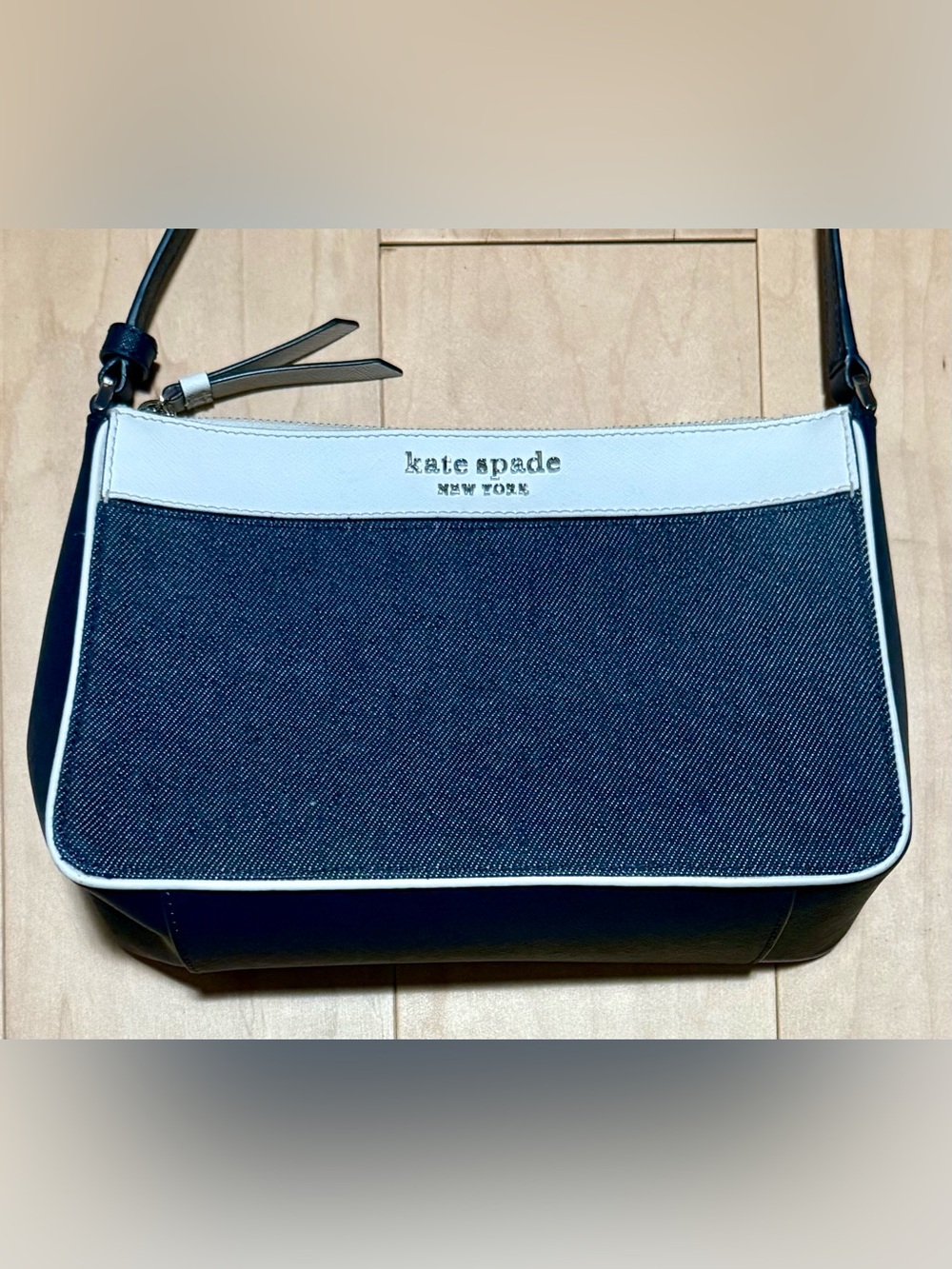 Kate Spade Cameron Denim Colorblock Crossbody Bag Blue White Silver Hardware